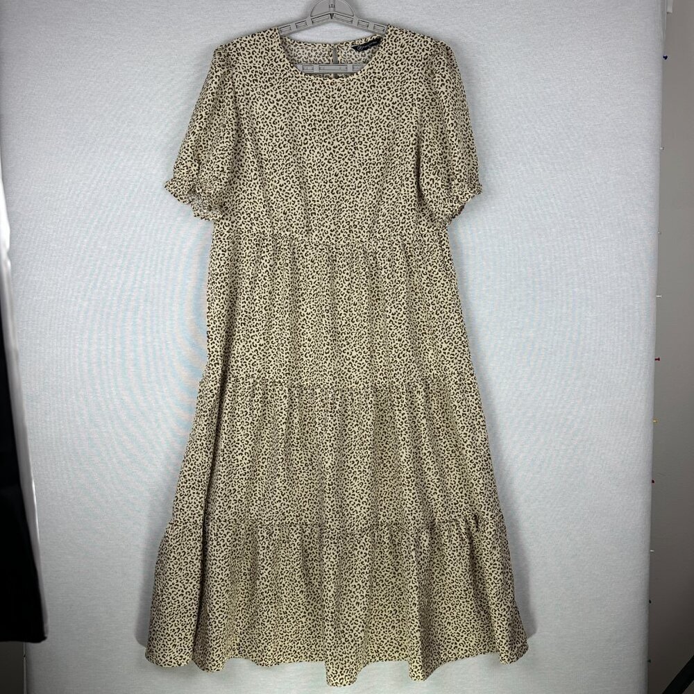 PRETTY GARDEN WOMEN'S LEOPARD PRINT TIERED MIDI FLOWY DRESS FUFF SLEEVE M